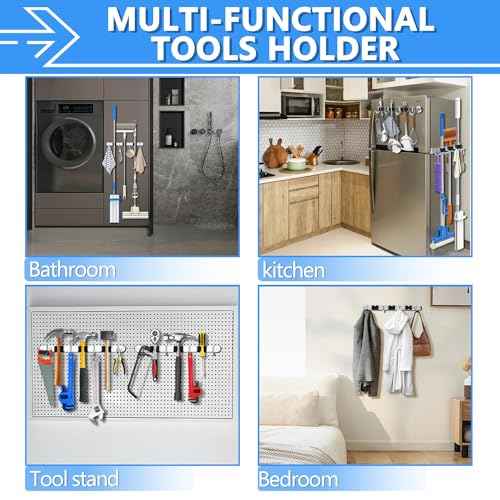 3-H Magnetic Broom Holder Wall Mount 1 Pack, 2-in-1 Dual Mount (No Drill or Screw Fix), 304 Stainless Steel Heavy Duty Magnet Mop Broom Organizer for Kitchen Garden Garage(3 Racks & 4 Hooks,Silver)