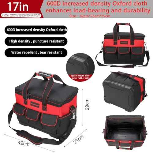 17 Inch Tool Bag with Adjustable Shoulder Strap,Wide Mouth Tool Bags,Heavy Duty Waterproof Tools Bag Organizer,Plastic Hard Bottom Base Tool Tote Bag for Men