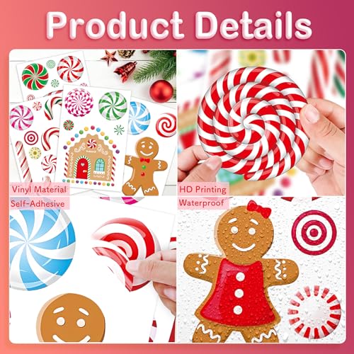 Christmas Candy Wall Decals, 8 Sheet Christmas Decorations Wall Stickers Peppermint Candy Cane Gingerbread Decals for Walls for Candyland Xmas Decoration