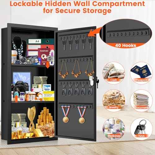25.6" Tall Wall Safes Between the Studs with 2 Removable Shelf, Lockable Hidden Safe Box with 40 Hooks for Keys Jewellery, In Wall Safe for Money Medicines Valuables