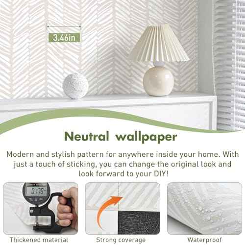 MelunMer 118" L 17.3" WBeige Modern Peel and Stick Wallpaper Boho Contact Paper for Cabinets Beige Stripe Contact Paper Line Self-Adhesive Removable Wallpaper for Bathroom Bedroom Liner Easy to Use