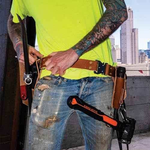 Klein Tools 5817 Tool Holder, Multi-Functional Bull-Pin and Spud Wrench Holder, Full-Grain Russet Leather, Fits up to 3-Inch Belts