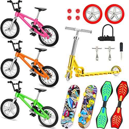 Sumind 18 Pieces Mini Finger Toys Set Includes Finger Skateboards, Bikes, Mini Scooters and Matched Wheels and Tools Accessories Fingertip Movement Educational Toys for Gifts Party Favors