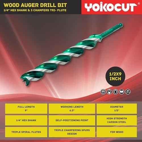 1/2"x 9" Auger Drill Bit for Wood, Hex Shank Tri-Flute Wood Drill Bits, Ship Auger Long Drill Bit for Soft and Hard Wood, Plastic, Drywall, Tree Stump and Composite Materials