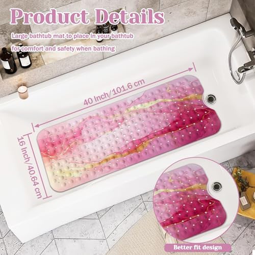 Marble Bath Tub Mat Non Slip, Pink Marble Non Slip Bath Mat for Shower, Large Washable Shower mats for Showers with Drain Holes and Suction Cups,40 X 16 Inch