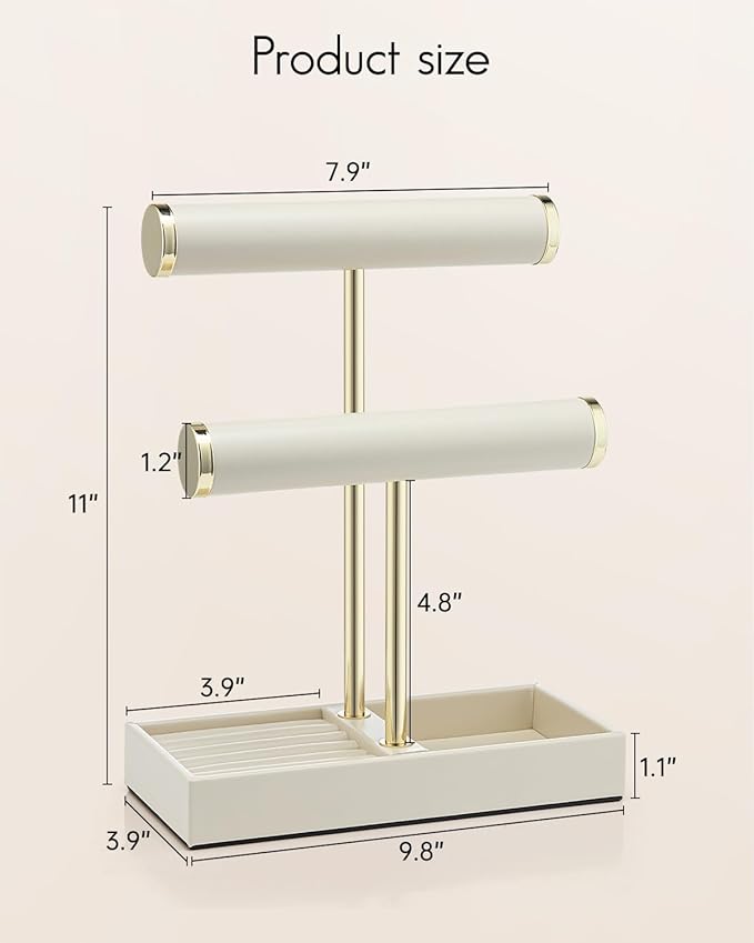 VLANDO 2 Tier Bracelet Holder Organizer with Tray - Leather Jewelry Stand Organizer for Women - Jewelry Holder Display for Necklace, Watches, Rings, Earrings, Bangle, Scrunchie - Cloud White