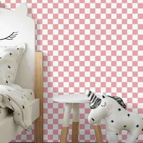 Amiya Checkered Wallpaper Peel and Stick Pink Mosaic Checkerboard Contact Paper 17.3¡±X120¡±Modern Self Adhesive Vinyl Removable Wall Paper for Shelf Liner,Classroom,Cabinets,Living Room