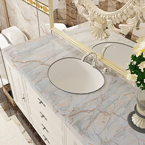CRE8TIVE Cyan Gold Marble Contact Paper for Countertops Waterproof Glossy Cracked Marble Wallpaper Peel and Stick Countertops Self Adhesive Thick Vinyl Removable Wallpaper for Bathroom Kitchen 12"x80"