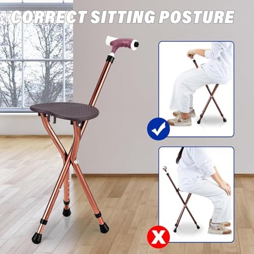 Adjustable Folding Cane with Seat Large Capacity Lightweight Crutch Chair Stool with LED Light and Retractable 3 Legs for Seniors Outdoor Travel Aids
