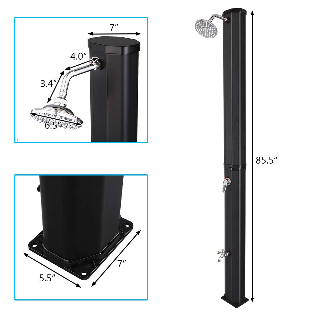 VINGLI 9.3 Gallon Solar Heated Outdoor Shower, 7.2 FT Height, Freestanding Outside Shower with 360° Swivel Shower Head & Foot Faucet, Hot & Cold Water Adjustment, Black