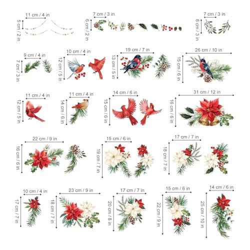 wondever Christmas Flower Cardinal Wall Stickers Christmas Leaves and Floral Red Bird Christmas Window Wall Art Decals for Party Window Xmas Home Party