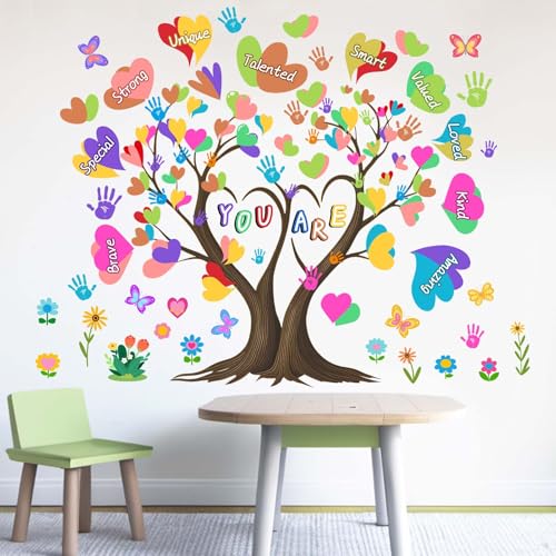 Classroom Inspirational Wall Stickers for Kids: Peel and Stick Hearts Tree Handprint You are Strong Wall Decals - Boys Room Girls Bedroom - Children Supplies Ages 1-12 Years Wall Art Decor