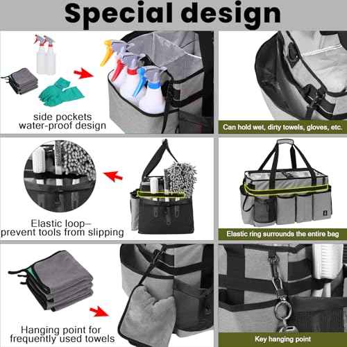 Extra large Cleaning Caddy Bag Built-in Sturdy Support Board, Cleaning Organizer with Detachable Divider, Cleaning Supply Tote with Adjustable Shoulder Strap (Grey, 19'' x 11'' x 11'')