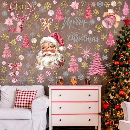 80 Pcs Pink Merry Christmas Wall Sticker Santa Claus Christmas Window Decals Xmas Snowman Poinsettia Flowers Stickers Decor, Winter Snowflakes Holiday Kitchen Party Home Decorations