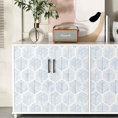 MelunMer Modern Peel and Stick Wallpaper Boho Contact Paper for Cabinets/Drawers 78.8In L 17.3In W Self Adhesive Removable Wallpaper for Bedroom/Bathroom Waterproof Geometric Contact Paper Blue/White