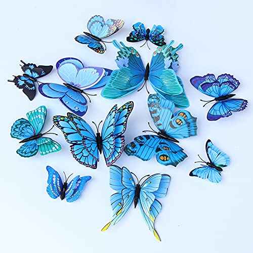 AOMEI 12pcs Blue PVC Waterproof 3D Butterfly Wall Stickers, Double Wings, Modern, Contemporary Style, Butterfly Theme, Indoor Use