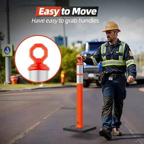 RoadHero 42 Inch Delineator Post with Base, Portable Orange Traffic Delineator Posts Cones with Reflective Collars for Parking Lots, Road Safety, Construction Events (3 Pack)
