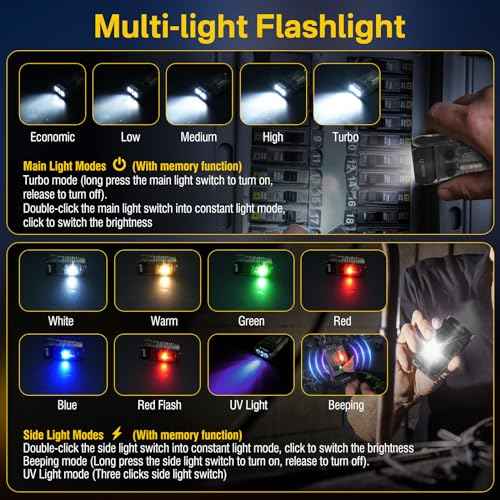 BORUIT V20 LED Small Powerful EDC Flashlight with 365nm UV Light,180¡ÆHead Swivels,Super Bright USB C Rechargeable Mini Pocket Keychain Flash Light with Clip-13 Mode,IP67,Magnetic,110DB Buzzer(Black)