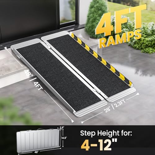 4 Feet Portable Wheelchair Ramp, 600 LBS Capacity Folding Aluminum Threshold Ramp with Anti-Slip Surface, Mobility Access Handicap Ramp for Home Steps, Doorway, Stairs, Doorways, Scooter