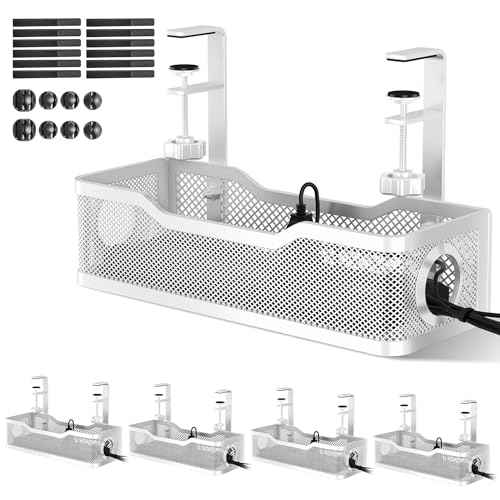 4 Pack Under Desk Cable Management Box White, Cinati 53.6" Wire Organizers No Drill, Cord Organization Tray with Clamp for Office, Home - No Damage to Desk