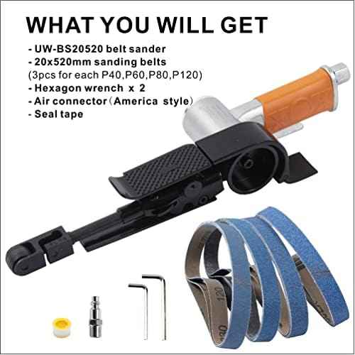 Air Belt Sander 3/4" x 20-1/2" Belt Size Pneumatic Tool with 12pc Belts (#40, #60, #80 & #120), Good for Deburring, Sanding and Finishing (3/4" x 20-1/2" Sander)