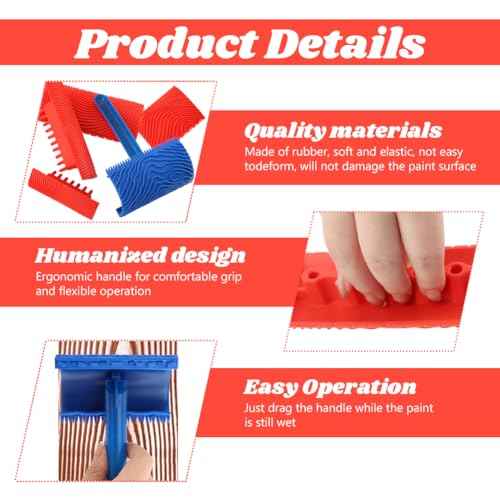 5 Pack Wood Grain Tool,Woodgraining Tool Kit,Texture Pattern with Handle Roller Rubber Empaistic Graining Tool Paint Look Like Wood for DIY Wall Room Art Decoration