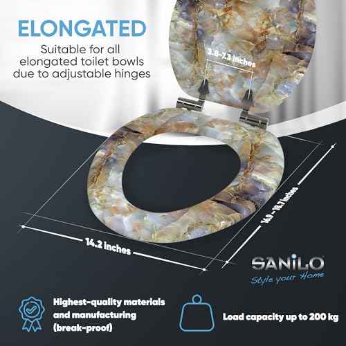 SANILO Wooden Toilet Seat with Soft Close [ELONGATED] - Decorative, Quiet & Slow Close Molded Wood Seat - With Strong Bumpers & Hinges - Adjustable Fit - Marble Brown