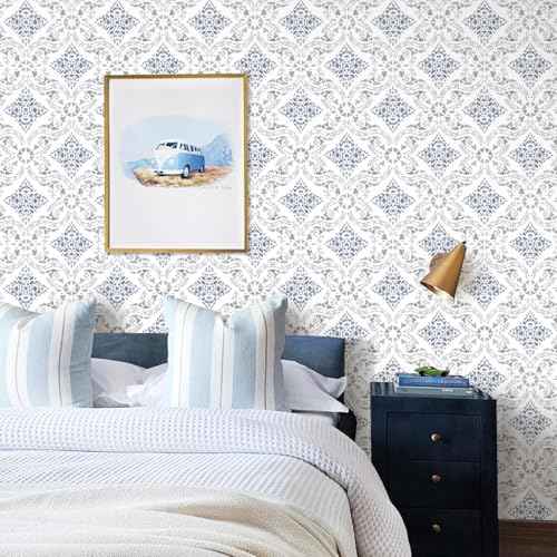Peel and Stick Wallpaper Blue Boho Wallpaper for Bathroom Contact Paper Blue Self Adhesive Wall Paper Peel and Stick Vintage Removable Kitchen Backsplash Waterproof Vinyl 16.9in x 118.1in