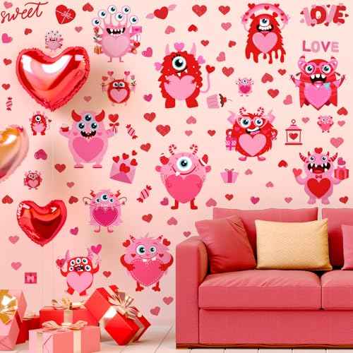Haull 89 Pcs Valentine's Day Wall Decals Monster Stickers Valentines Day Window Clings Valentine Heart Wall Decoration for Wedding Anniversary Living Room Bedroom Decoration, 6 Sheets