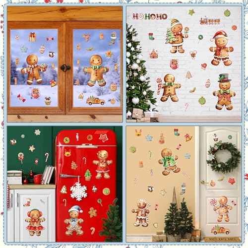 12 Sheets Christmas Gingerbread Wall Stickers Decorations, Xmas Wall Decals Holiday Gingerbread Candy Floor Wall Vinyl Stickers for Living Room Bedroom Home Office Decor