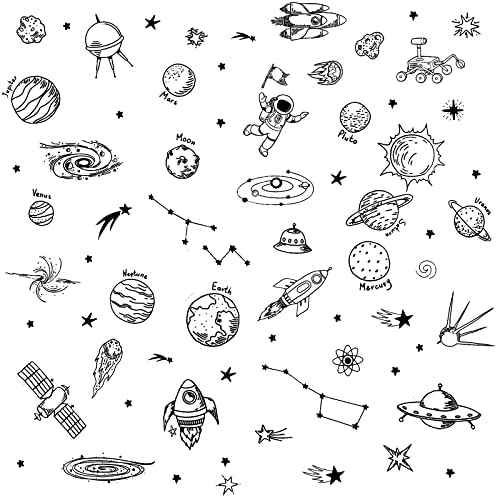 Maydahui Outer Space Stars Planets Wall Stickers Rockets Astronaut Vinyl Wall Decals (47 x 51 Inch) Peel Stick Removable Boys Room Wall Decor Decals for Kids Bedroom Nursery Classroom (Black)
