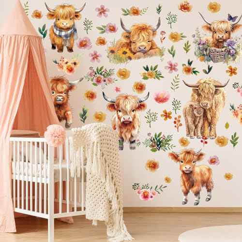 Yinder 12 Sheet 78 Pcs Highland Cow Wall Decals Baby Wall Decals Highland Cow Sticker Cute Nursery Baby Decor for Kids Girls Boys Room Bedroom