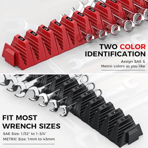 48PCS Magnetic Modular Wrench Organizers for Tool Drawers - Black & Red - Wrench Rack with Metric & SAE Labels, Customizable Magnet Tool Storage Holder for Tool Box Organization