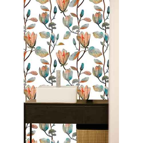 Magnolia Floral Leaf Peel and Stick Wallpaper Vintage Contact Wall Paper Modern Botanical Self Adhesive Vinyl Removable Renter Friendly Leaves Wallpaper 17.7in x 6.6ft
