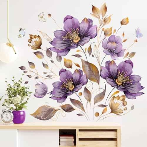 AM AMAONM Creative Removable Flowers Wall Decal DIY Floral with Plant Vine Wall Stickers 3D Peel and Stick Butterfly Wall Decor for Kids Little Girls Teens Bedroom Nursery Living Room Home (Purple)