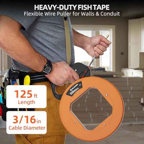 125 ft Electrical Fish Tape, 3/16-inch PET Wire Puller with Optimized Housing and Ergonomic Handle, Flexible Non-Conductive Cable Puller Tool with Steel Leader for Walls and Conduit