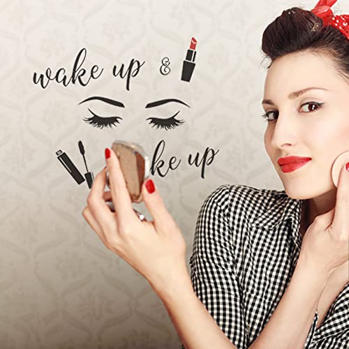 SUPERDANT PVC Wall Stickers Wake Up Make Up Eyelash Cosmetics Pattern Vinyl Lettering Wall Art Decals for Bedroom Powder Room Bathroom Decor 23"x14"
