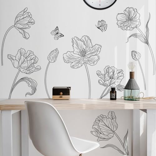 Creative 3D Black Flower Wall Decals Boho 8 Tulip Flowers Wall Stickers DIY Peel and Stick Sketch Simple Line Garden Floral Plants Wall Decor for Kids Girls Bedroom Living Room Nursery Decoration