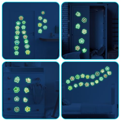 Large Paw Print Stickers 44 Pieces Glow in The Dark, Cute Dog and Cat Animals Art Wall Decals, Removable Luminous Footprint Nursery Bedroom Room Decor