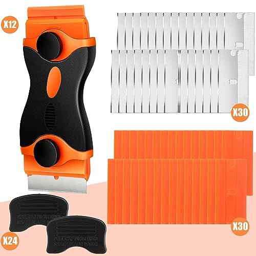 WILLBOND 72 Pcs Double Razor Blade Scraper Tool Set 12 Pcs 2 in 1 Razor Scraper Remover 60 Pcs Metal and Plastic Blades for Decal, Sticker, Label, Caulk Adhesive, Paint Stovetop, Subfloor (Orange)