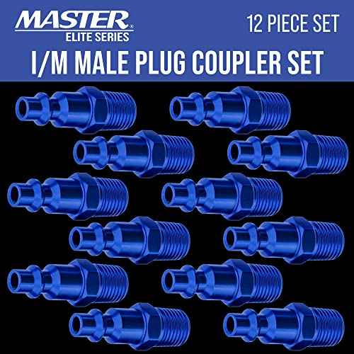 Master Elite Series 12 Piece Industrial I/M Type Plug Air Fittings Set with 1/4" NPT Male Threads - Attach to Quick-Connect Couplers, Hoses, Compressors, Pneumatic Air Tools, Spray Guns, Sanders