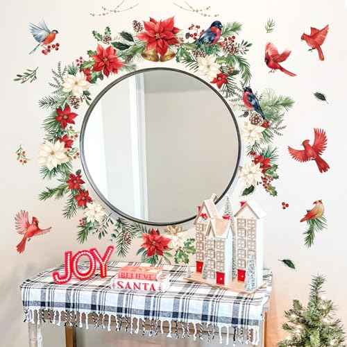 wondever Christmas Flower Cardinal Wall Stickers Christmas Leaves and Floral Red Bird Christmas Window Wall Art Decals for Party Window Xmas Home Party