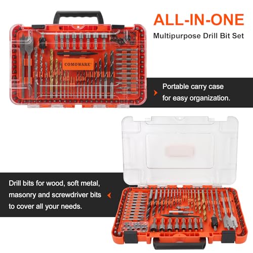 COMOWARE Drill Bit Set, 104Pcs Screwdriver Bits Set with Tough Case, Titanium Twist Drill Bits, Impact Screwdriver Bits, Masonry Drill Bits, Spade Drill Bits, Nutdrivers