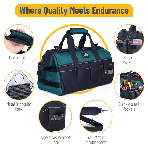 Garden Tool Bag Organizer ? 13 Pocket Heavy-Duty Gardening Tote with 7 Outer & 6 Inner Compartments, Anti-Slip Base, Adjustable Shoulder Strap & Belt ? Garden Organizers and Storage (Green)