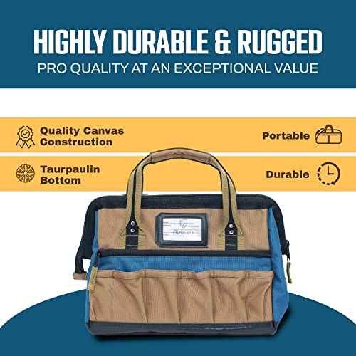 Rugged Tools Field 14" Wide-Mouth Tool Bag - Soft Sided Canvas Tool Bag For Plumbers, Electricians, Carpenters, and Handymen