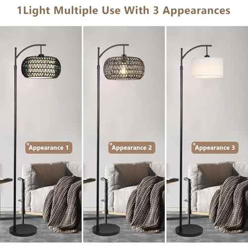 Arc Floor Lamp with 3 Color Temperatures,Black Floor Lamp with Remote Control, Boho Standing Lamp with Rattan Wicker Shades, Farmhouse Tall Pole Lamp for Living Room Bedroom