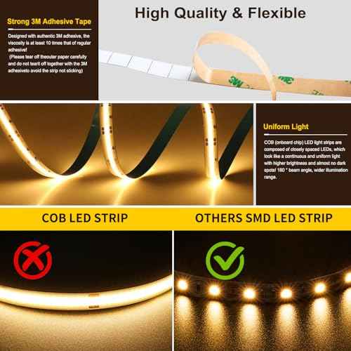 COB LED Strip Light,CCT Dimmable Strips Light,2700K-6500K,24ft/7.5m,8mm Wide,CRI90+ 24V LED Strips Kit with Bluetooth APP Control/Music Mode,for Bedroom,Kitchen,DIY Lighting