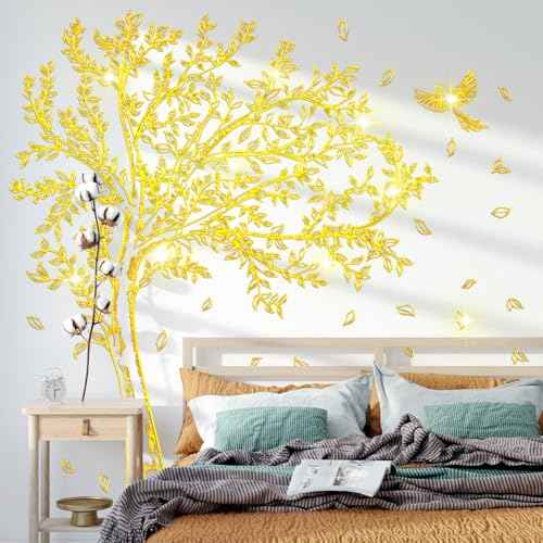 Large Tree Wall Decals Peel and Stick Gold Tree Wall Decals Murals Golden Stamping Walls Art Decal Home Decor for Living Room, TV Walls, Bedroom