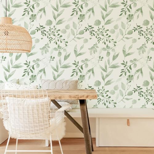 Green Leaf Wallpaper,Vinyl Green and White Floral Peel and Stick Wallpaper Thicken Farhouse Neutral Wall Paper for Table Shelf Drawer Counter Top Cabinet Liner 17.7 x 118.1 inches
