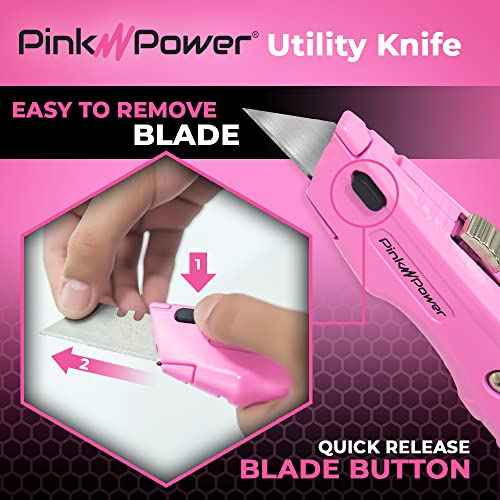 Pink Power Box Cutter Retractable, Pink Utility Knife for Carpet, Cute Box Cutter Knife Heavy Duty with 3 Blades and Storage Compartment - Opener Pocket Utility Tools for Women